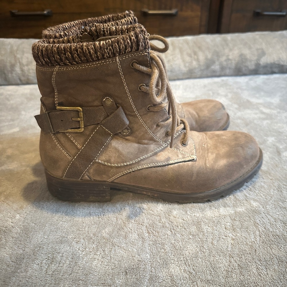 Crown Vintage Brown Combat‎ Boots Knit Collar Lace Up Side Zip Womens 9.5
